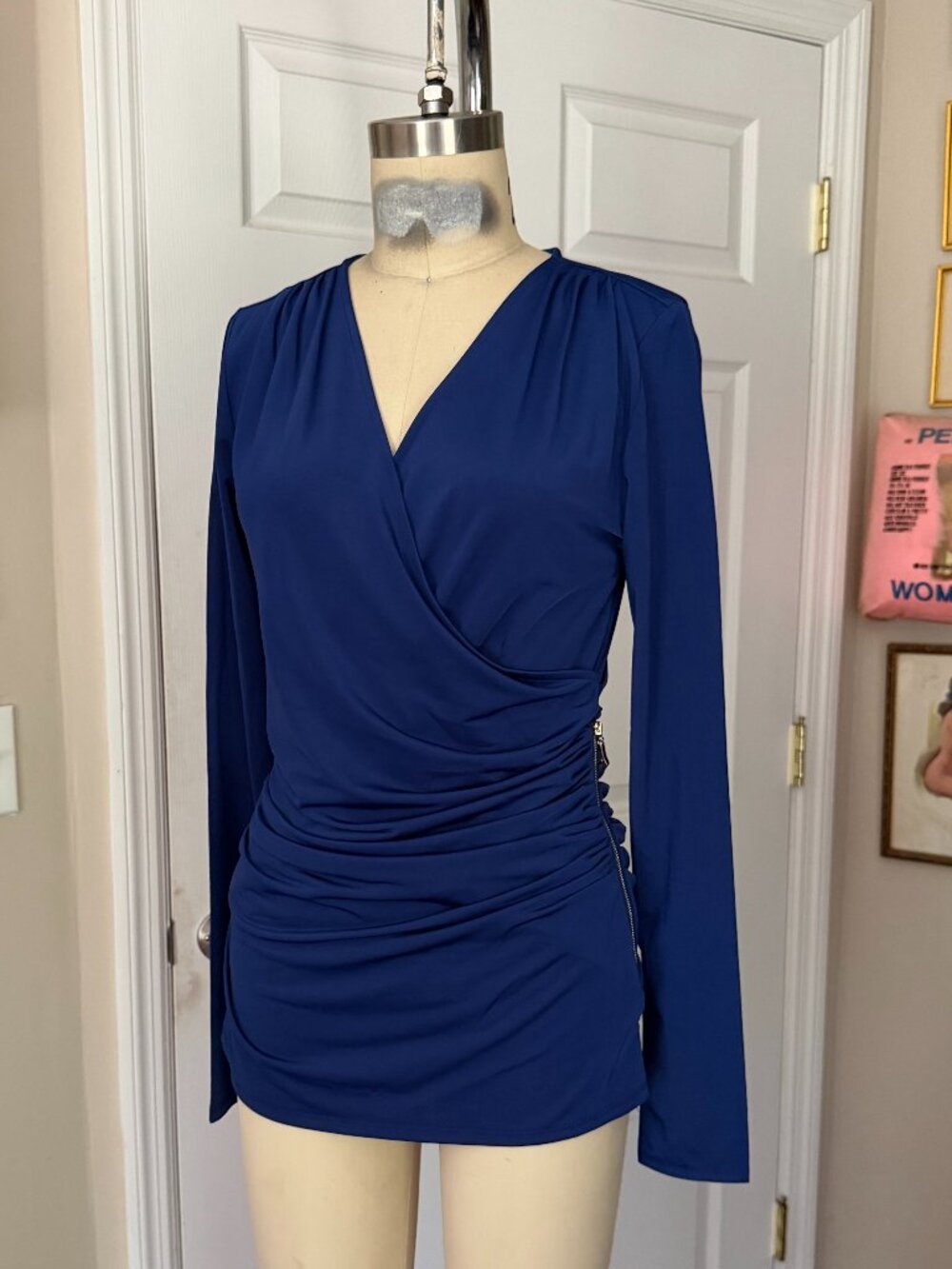 CARMEN Marc Valvo INDIGO Slinky Ruched Zip Side Mock Wrap Blouse Shirt *SMALL*
